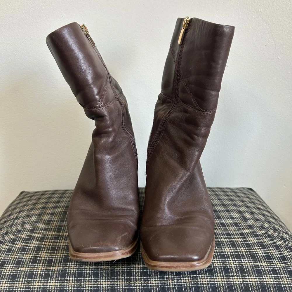 GUC Franco Sarto Leather Ankle Boots Size 8.5 Brown Square Toe Block Heel - Picture 3 of 6